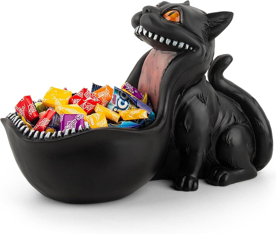 Cat Candy Bowl Gothic Decor Black Cat Statue Decorative Bowl Large Candy Dish for Office Desk Cute Key Bowl for Entryway Table Big Mouth Cat Gifts