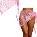 Halloween Mermaid Cosplay Crochet Cover-ups Skirt Triangle Shawl Swimwear Shiny Sequin Beach Fishnet Wrap (Pink)