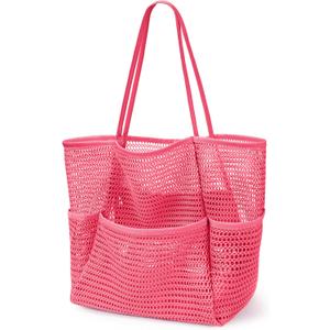 KPX Beach Bag with Mini Pocket, Summer Beach Tote Bags for Women Large Foldable Mesh Swimming Pool Travel Bags - Sandproof (Rose)