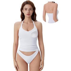 SUUKSESS Halter Tank Top for Women with Built in Bra Cotton Ribbed V Neck Cami (White, S)