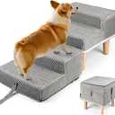 Hdnbsp Split Ottoman Dog Ramp, 4-Step Dog Stairs for Bed, Foldable Pet Steps for Small, Medium, Senior Dogs & Old Cats - Couch Height, Anti-Slip, Washable Cover, Storage Pocket, 135lb Capacity
