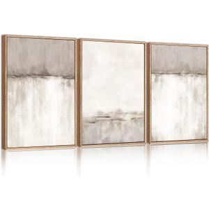 KAIRNE Large Neutral Gray Framed Canvas Wall Art Set, Abstract Duotone Gray Tan Wall Decor, Neutral Watercolor shape Wall Pinting, Modern Landscape Art Print for Living Room, Bedroom, Office16 x24 x3