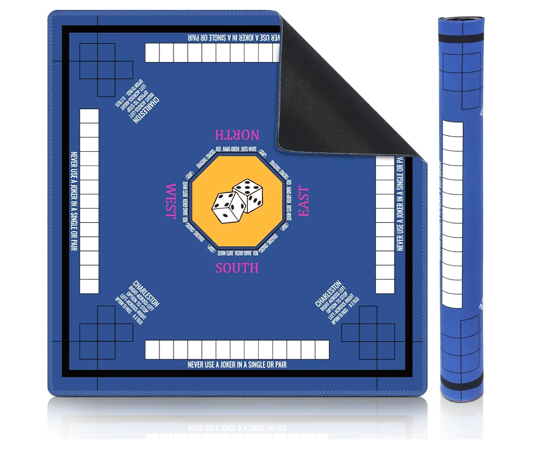 Mahjong Mat for Table 31.5''x31.5'', Non-Slip Mahjong Cloth Cover with Game Rules, Mahjong Tablecloth for Poker, Board Games Table Mat, Card Games, Tile Games, Dominoes (Blue)