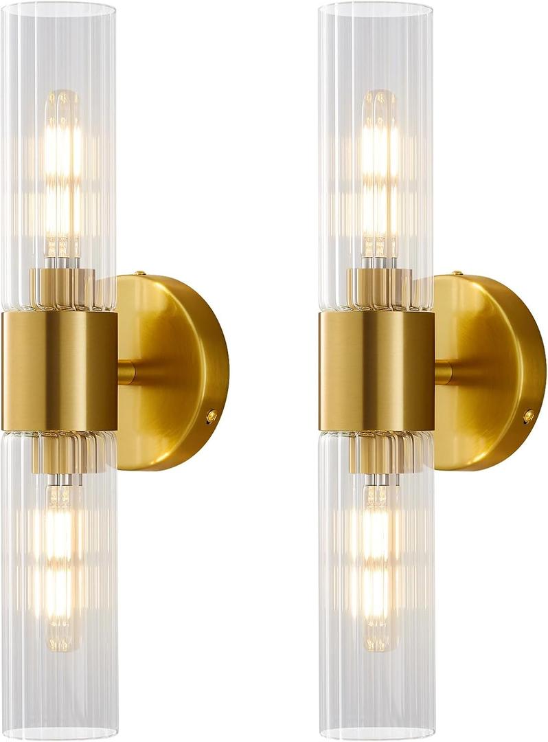 Wall Sconces Set of Two, Bathroom Light Fixtures 2-Light, Modern Vanity Light for Bathroom, Wall Light with Glass Rods Shades for Mirror Bedroom Hallway (Brushed Brass)