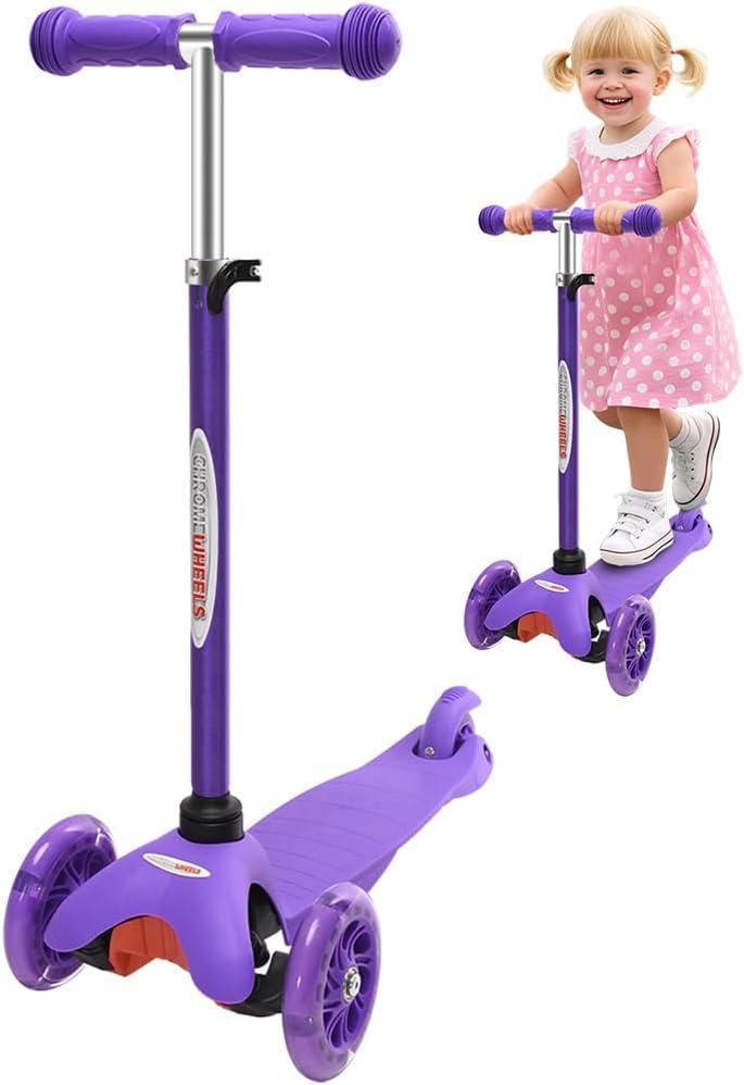 ChromeWheels Mini Scooter for Toddlers, Deluxe 3-Wheeled Scooters for Kids, 4 Adjustable Height Glider with Kick Scooters, Lean-to-Steer with LED Light-Up Wheels for Ages 3-6 Girls Boys (Purple)