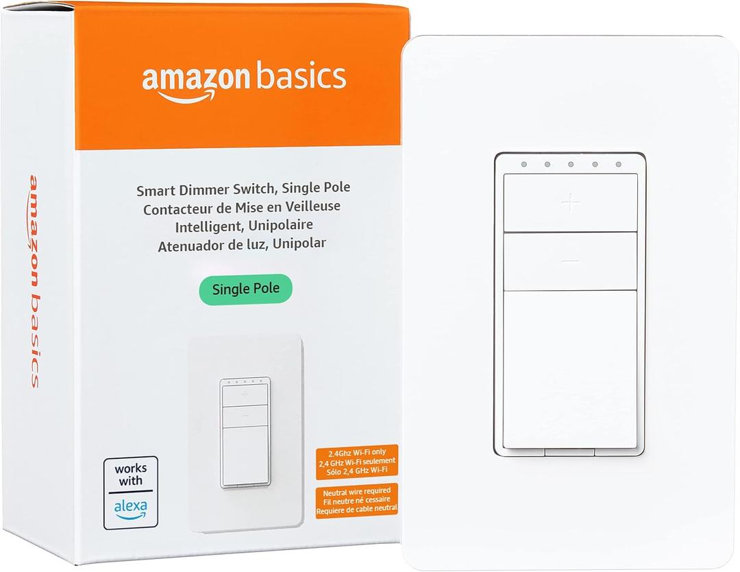 Amazon Basics Smart Dimmer Switch, Single Pole, Works with Alexa Only, Voice Control, 2.4 GHz Wi-Fi, No Hub Required, Neutral Wire Required, White