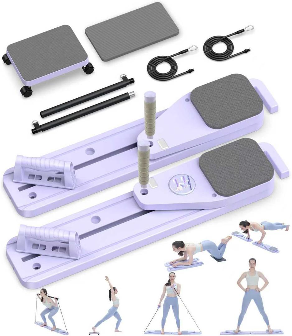 Pilates Board, 12 in 1 Mini Plilates Reformer Set, Multifuncional Portable Pilates Reformers Board for Home Workout, Free Combination 100+ Exercise Mode (Purple)