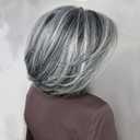 Pixie Cut Layered Wavy Wig with Curtain Bangs for Women Silver Gray Layered Bob Wig Synthetic Light Grey Ombre Highlight Bob Wig for Black Women for Daily Party Use Light Grey (GRAY/60#)