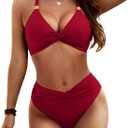 Women's Bikini Sets Tummy Control Two Piece Swimsuits Gold Metal V Neck Twist Front Bathing Suit M