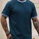 Herberton Men's Ringer Retro Casual Tee Summer New Shirts Rib-Knit Cuffs Plain Classic Trendy Knitted Cotton Solid Color Ribbed Heavyweight Gym Solid Crewneck Tshirt Navy XXL (Blue, XXL)