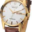 ROCOSJEWE R0101 Men's Automatic Mechanical Watch Golden Luxury Watch for Men Classic Retro Wristwatch Day Date Brown Leather Strap Dress Watches Waterproof Gift for Men Fashion Business