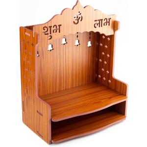 Wooden Wall Mounted Hanging Table top Temple Pooja Mandir God Stand Shelf for Storage and Idols Decoration for Home Office and Gifting (Brown- Design 3)