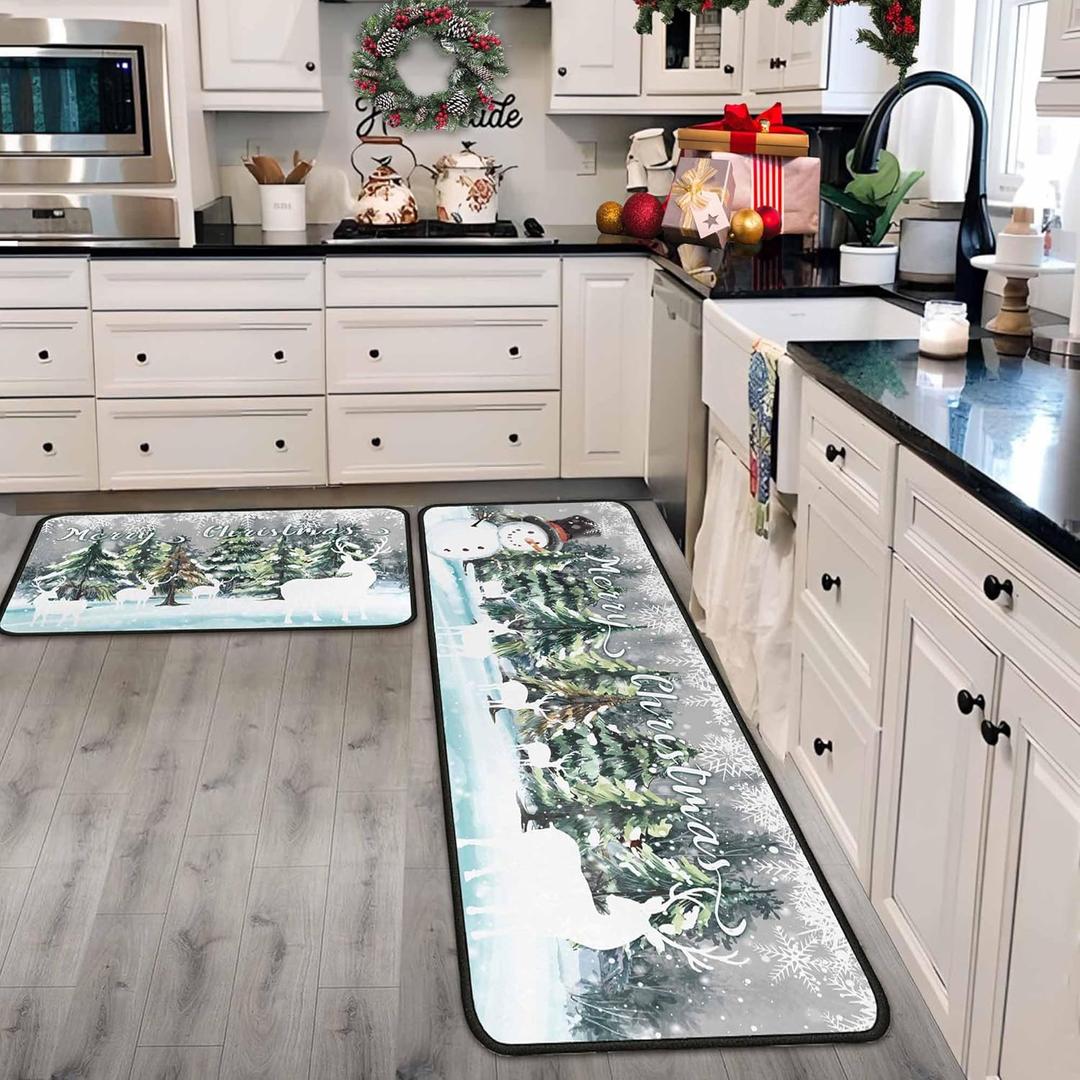 Green Christmas Kitchen Mats Set of 2, Xmas Decor Non Slip Backing Deer Snowman Rugs Winter Kitchen Rug Christmas Decorations for Home Seasonal Low-Profile Kitchen Floor Mat 17"X47"+17"X30"