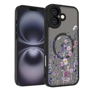 SobLn for iPhone 16 Plus Case, Black Floral Flower Pattern Case [Compatible with MagSafe] [Translucent Matte] Cute Slim Shockproof Protective Women Girls Phone Case 6.7", Colorful Flowers