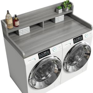 2-Tier Washer Dryer Countertop with 2.75"H Edge Rails, 54" W x 27.55" D Laundry Countertop for Folding Clothes, Washer and Dryer Topper with Non-Slip Pad (Stripe Gray), Standard-2 Tier