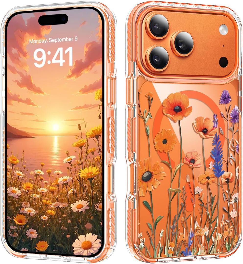 BENTOBEN for iPhone 17 Pro Max Case [Compatible with MagSafe] Soft Shockproof Clear Case Floral Transparent Magnetic Women Phone Case for 17 Pro Max 6.9",Floratopia/Orange