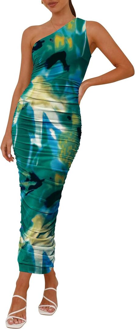 PRETTYGARDEN Women's One Shoulder Bodycon Dresses Summer 2025 Ruched Floral Beach Cocktail Wedding Guest Dress (X-Large)