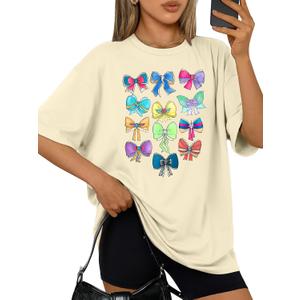 Princess Bow Shirt for Women Bow Graphic Printed T-Shirt Magic Cute Princess Shirts Asethetic Tees Summer Casual Tops (Beige, S)