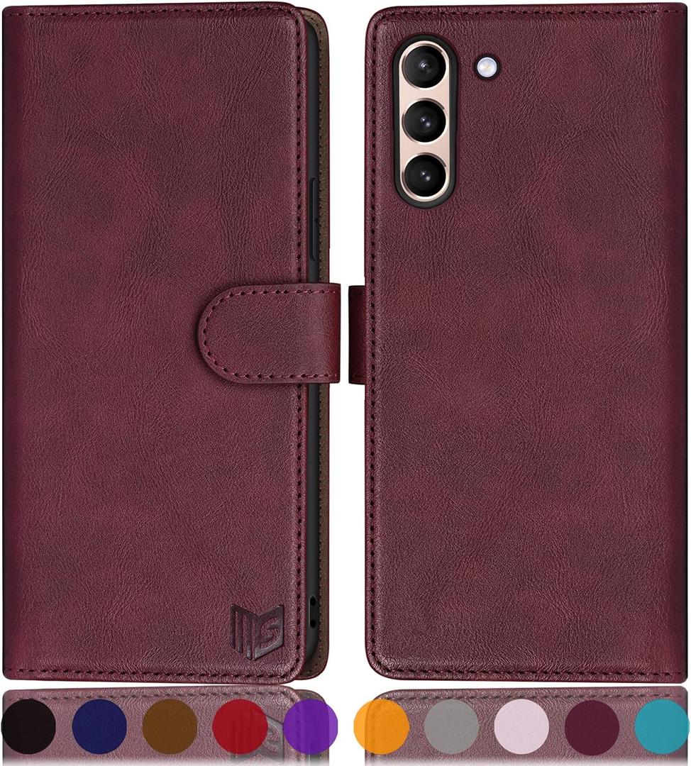 SUANPOT for Samsung Galaxy S21 6.2"(Non S21+) with RFID Blocking Leather Wallet case Credit Card Holder,Flip Folio Book Phone case Shockproof Cover Women Men for Samsung S21 case Wallet Wine Red