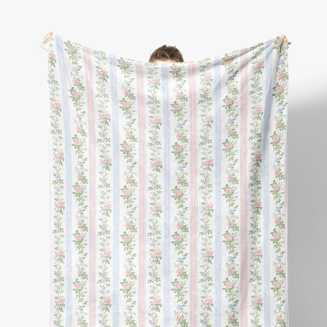 Pink Flower Blanket, Grandmillennial Rose Flower Decorative Throw Blanket for Couch Bed Sofa, Pink and Blue Floral Striped Throw Blankets for Living Room Bedroom Decor, 50x60 Inches