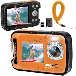 Underwater Camera 4K 48MP Autofocus Selfie Dual Screen Waterproof with Floating Strap and 32GB Card, 17FT Compact Waterproof Digital Camera for Snorkeling