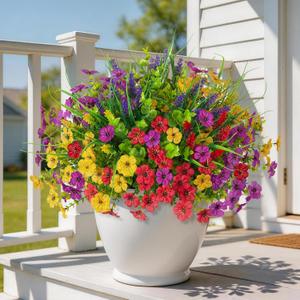 Artificial Flowers for Outdoors, 14 Bundles UV Resistant Fake Silk Flowers with Greenery Grass Lavendar Faux Plants Planter for Summer Decoration Porch Patio Yard Home Decor