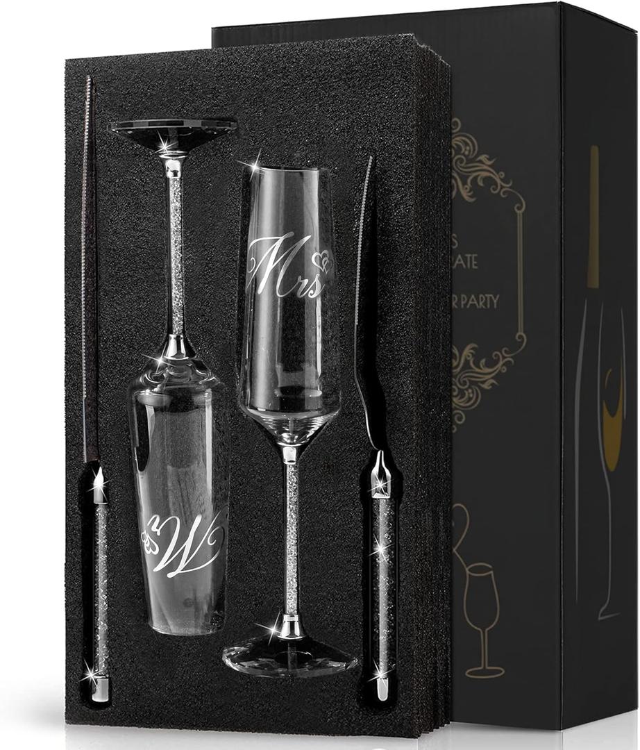 Wedding Cake Knife and Server Set, Mr and Champagne Flutes with Wedding Cake Cutting Set for Bride and Groom Toasting (Clear) (Transparent)