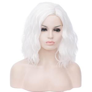 BUFASHION 14" Women Short White Wavy Curly Bob Wig Heat Resistant Synthetic Wig Halloween Cosplay Daily Party Wigs Include Wig Cap (White)