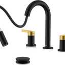 KENES Black and Gold Pull Down Widespread Bathroom Faucet 3 Hole, 8 Inch 2 Handle Bathroom Sink Faucet with Pull Out Sprayer, Vanity Faucet with Pop Up Drain and Supply Lines LJ-9068-BG