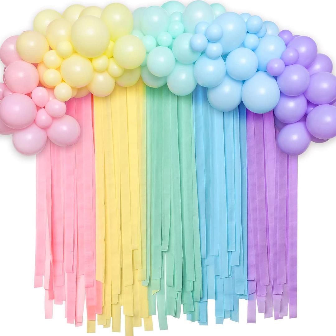 Golray 118pcs Pastel Rainbow Party Decorations, Crepe Paper Streamer Backdrop & Balloon Garland Arch Kit, Birthday Baby Shower Supplies Assorted Color Macaron Ice Cream Easter Pastel Party Decor
