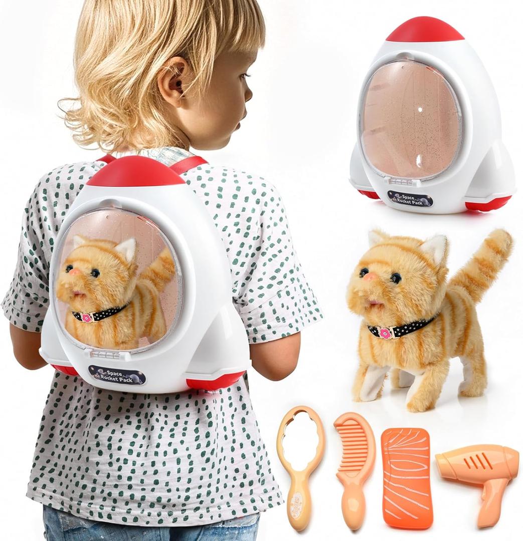 WorWoder Electronic Interactive Plush Cat- Battery Operated Mechanical Walking Little Pet Kitten with a Cute Bag, Meow Tail Wagging, Stretching Companion Animal for Toddlers & Kids