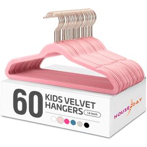 HOUSE DAY Velvet Kids Hangers 60 Pack, Premium Childrens Hangers for Closet, Ultra Thin Cute Clothes Hanger, Non Slip Small Felt Hanger 14 Inch for Kids Clothes, Blush Pink