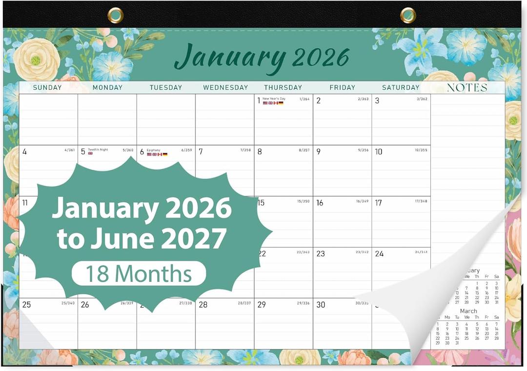 2 x 2026 Desk Calendar, Monthly Calendar, 18 Months (Jan 2026 - Jun 2027), Large Desktop Calendar 17" x 12" for Home, Office or School, Watercolor Floral