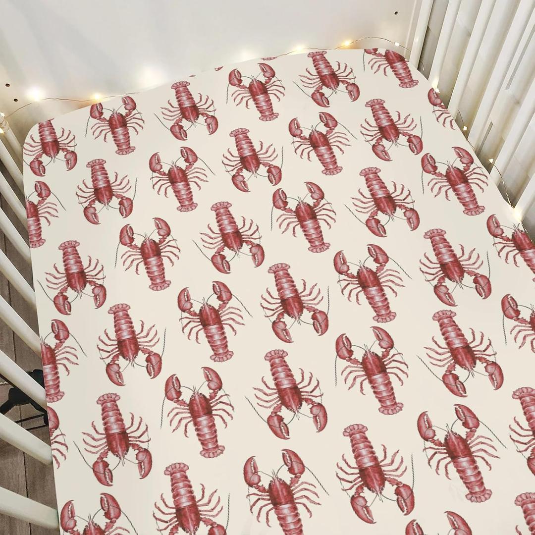 Red Lobster Baby Crib Sheets for Boy Girl 52"x28" Nautical Marine Animal Soft Snug Fitted Crib Mattress Cover Neutral Sea Beach Summer Nursery Baby Sheet for Standard Crib and Toddler Mattress (One size)