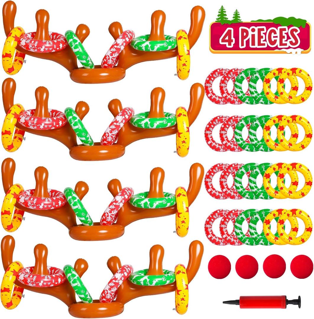 MGparty Christmas Inflatable Reindeer Antler Toss Games Xmas Ring Toss Game for Kids Teens Adults Indoor Outdoor Family Holiday Party Gifts (Brown-4 Pack)