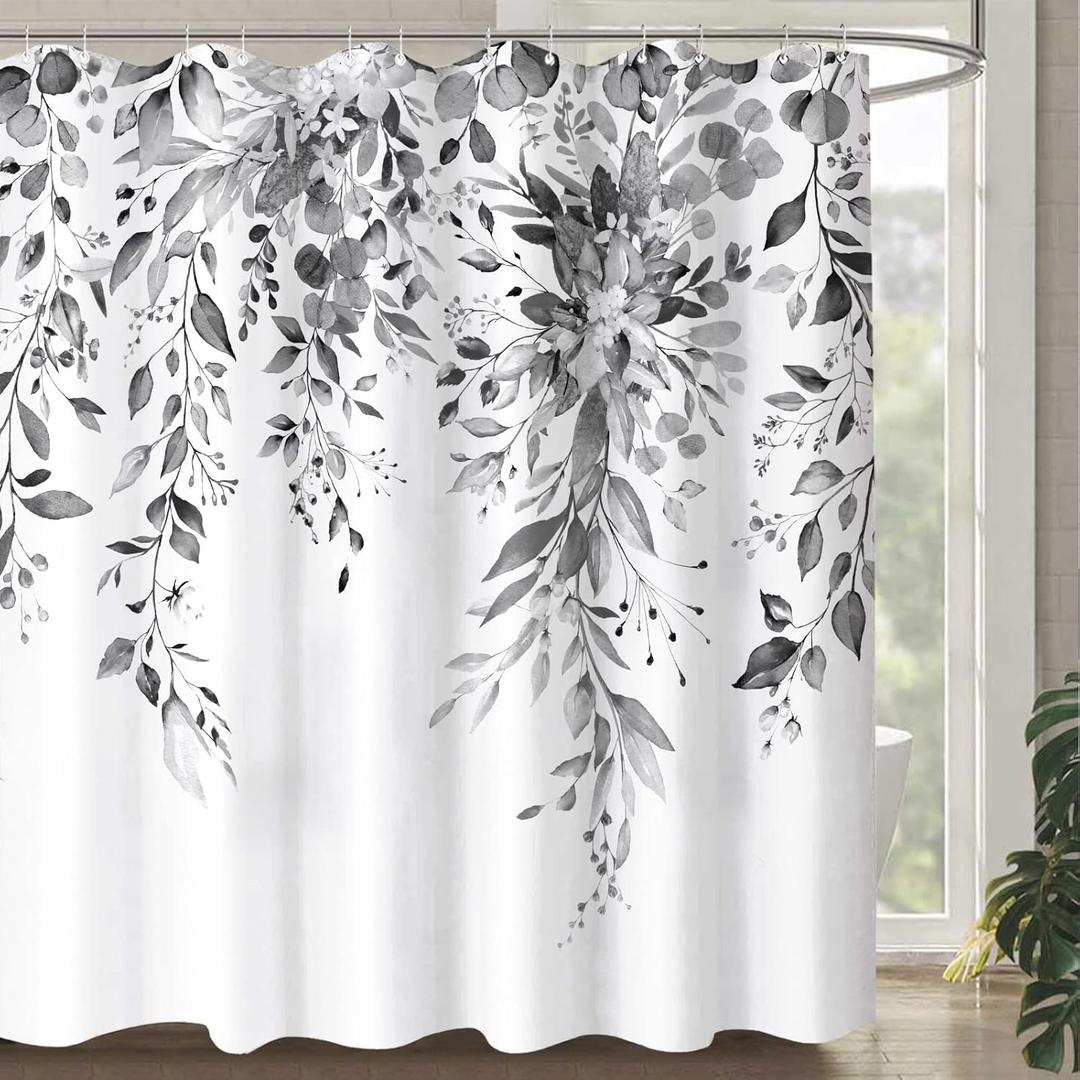 Gray and White Eucalyptus Shower Curtain Watercolor Grey Floral Plant Leaf Shower Curtains for Bathroom Botanical Flower Waterproof Fabric Bath Curtain Decor with Hooks (Black, 72'' x 72'')