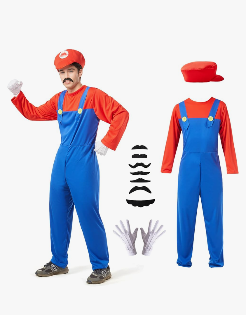 Halloween Costume Men Adult,Plumber Jumpsuit Cosplay Costume with Hat Gloves Moustache Accessories Set Size Adult, XL