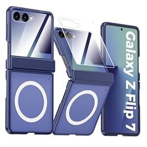 Vizvera for Samsung Galaxy Z Flip 7 Case with Magnetic Power [Slim Design][Screen Protector][Hinge Protection] Translucent Matte Shockproof Protective Phone Case for Galaxy Z Flip 7(Magnetic Blue)