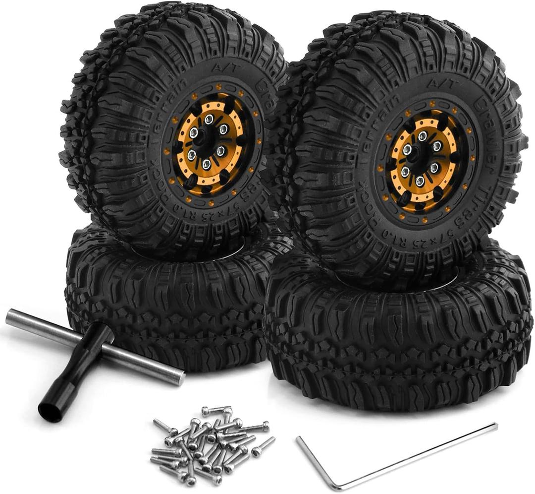 1.0 RC Tires and Beadlock Wheels 1/24 1/18 Mud Slingers Grappler Tyres & Rims Hub for 124 1:18 RC Rock Crawler Car SCX24 FMS FCX24 TRX4M Axial AX24 90081 Gladiator Bronco C10 4PCS (Glod)