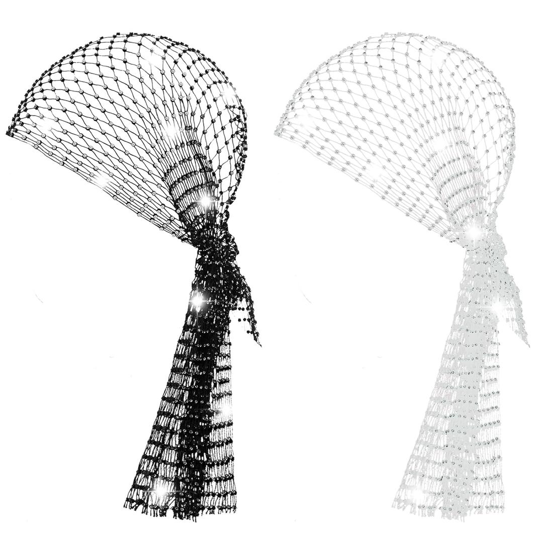 2 Pcs Rhinestone Head Scarf Mesh Headbands Rave Head Scarf Festival Accessories for Women 70s Nightclub Disco Headband Sparkly Bandana Glitter Hair Wrap Crystal Chainmail Beaded Headpiece