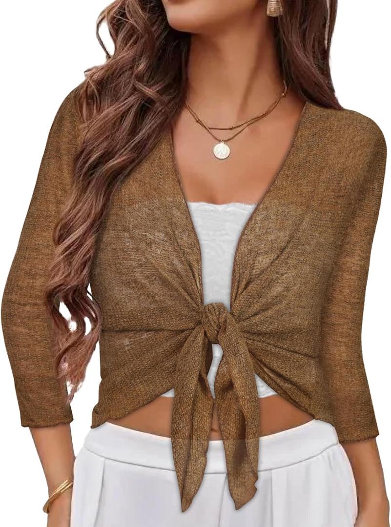 Summer Bolero Shrugs for Women Sheer Short Tie Front Cardigans for Dress 3/4 Sleeve Tops (Coffee, M)