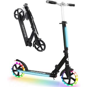 BELEEV V8 Scooters for Kids Ages 6+ with Light-Up Deck, 2 Wheel Folding Scooter for Adults Teens, 4 Adjustable Height, Lightweight Sport Commuter Scooter, Sturdy Frame, Max Load 220 lbs (Black)