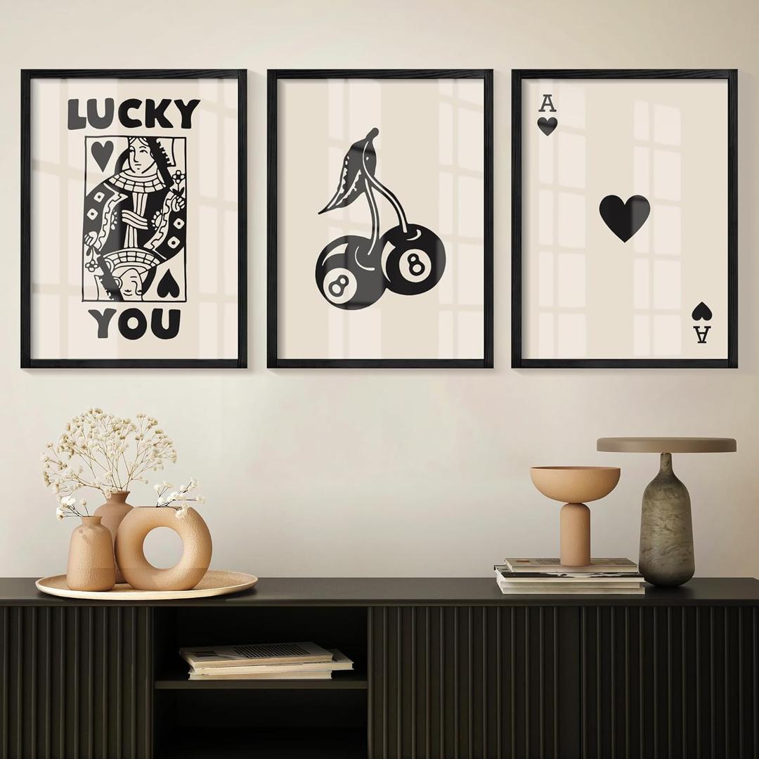 Framed Set of 3 Poker Wall Art Lucky You Poster, Trendy Retro Print Wall Decor for Queen of Hearts Wall Art Rustic Vintage Farmhouse Home Wall Decor（Black 12"x16"）
