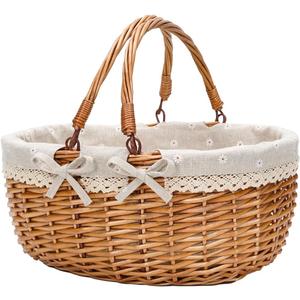 G GOOD GAIN Wicker Picnic Basket with Double Folding Handles,Willow Picnic Hamper,Natural Hand Woven Easter Basket,Easter Eggs and Candy Basket,Bath Storage,Gift Packing Basket.White
