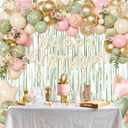 Pink and Sage Green Birthday Decorations, Pink Green Sand White Metallic Gold Foil Confetti Balloons Happy Birthday Banner Gold Butterfly Fringe Curtains Birthday Decorations for Women Girls Teens