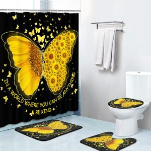 4 Piece Shower Curtain Sets, Sunflower Leaf Summer Gold with Non-Slip Rugs, Toilet Lid Cover and Bath Mat, for Bathroom Decor Set, 72" x 72" 4 Piece Shower Curtain Sets, Sunflower Leaf Summer Gold with Non-Slip Rugs, Toilet Lid Cover and Bath Mat, for Bathroom Decor Set, 72" x 72"