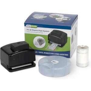 Ezy Dose Pill Suite Weekly (7-Day) Pill Organizer, Vitamin and Medicine Packaging System for Travel, Includes Sorter, Sealer, Batteries, and 200 Easy-Tear Pill Pouches, BPA Free (Clear)