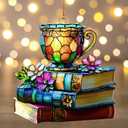 Book Ornament - Books & Tea Acrylic Suncatcher, Flowers & Teacup Window Hanging for Christmas Tree, Gift for Women, Friends, Coworker, Readers, Teachers & Book Lovers 2025 (Teacup)