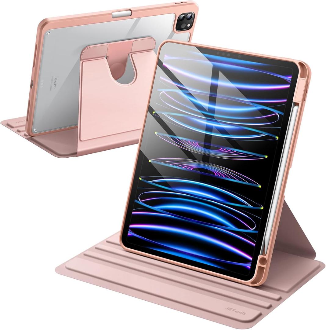 JETech Rotating Case for iPad Pro 11-Inch 2022/2021(4th/3rd gen) with Pencil Holder, 360 Degree Rotation Protective Stand Cover Clear Back, Auto Wake/Sleep (Rose Gold)