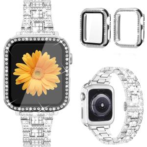 Mesime Compatible for Apple Watch Band with Screen Protector Case, Jewelry Replacement Bands 46mm 45mm 44mm 42mm 41mm 40 mm 38mm 2 Pack Protective Cover for iWatch Series 10/9/8/7/6/5/4/3/2/1/SE Women